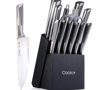 Kitchen Knife Set, 15 Piece Knife Sets with Block, Chef Knives with Non-Slip German Stainless Steel Hollow Handle Cutlery Set with Multifunctional Scissors Knife Sharpener  Amazon Platform Banned